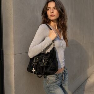 Pulicati Made In Italy Black Genuine Leather Calf Hair Boho Shoulder Handbag